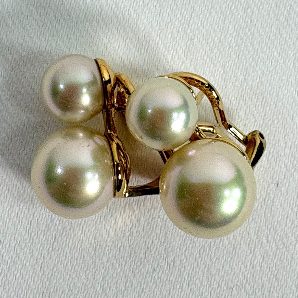 Majorica Earrings Cream Double Faux Pearl Gold Tone Omega Back Pierced Studs